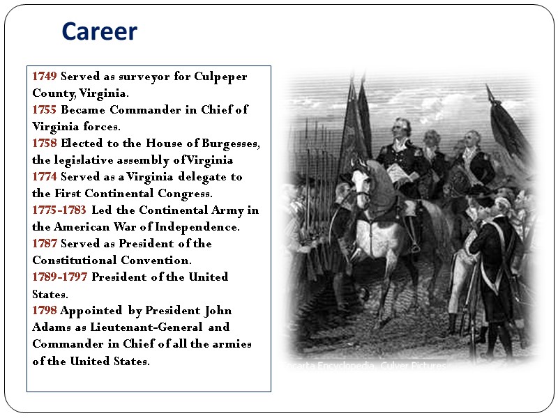 Career  1749 Served as surveyor for Culpeper County, Virginia. 1755 Became Commander in